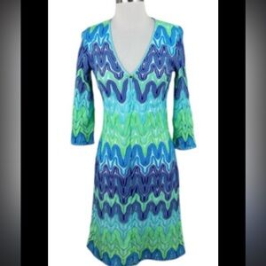 Lilly Pulitzer Zig Zag Crochet V- Neck Blue & Green Dress, Size Small